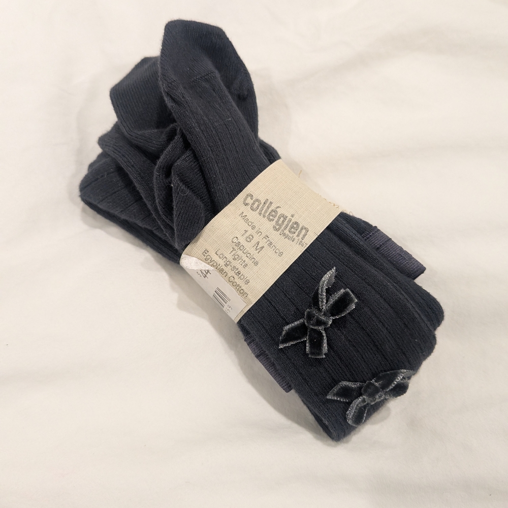 Collegien Capucine - Ribbed Tights with Velvet Bows - Stone 18m